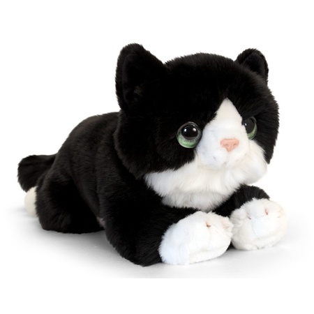 Plush lying black/white cat 32 cm