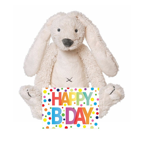 Kids present cuddle rabbit with Happy Birthday card