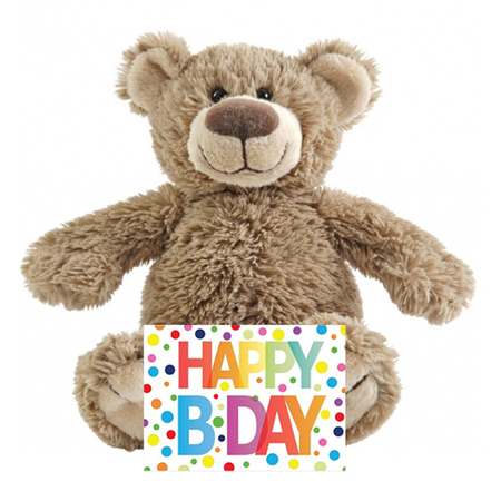 Kids present cuddle bear with Happy Birthday card