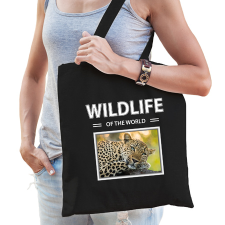 Katoenen tasje Luipaarden zwart - wildlife of the world Luipaard cadeau tas