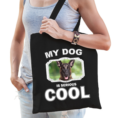 Katoenen tasje my dog is serious cool zwart - Mechelse herder honden cadeau tas