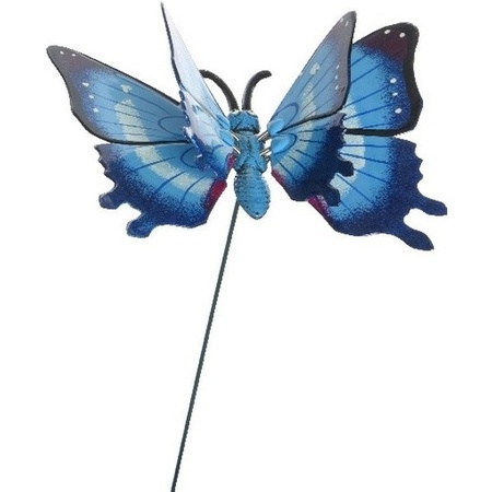 2x stuks Metalen deco vlinders blauw en geel van 17 x 60 cm op tuinstekers