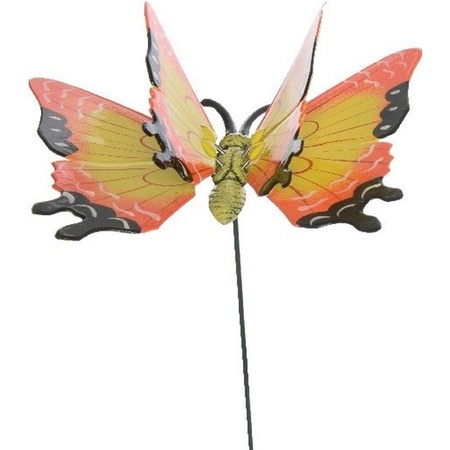 Gele/oranje metalen tuindecoratie vlinder op stok 17 x 60 cm