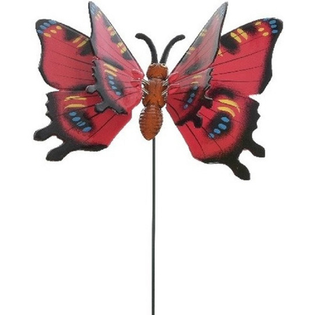 2x stuks Metalen deco vlinders rood en geel van 11 x 70 cm op tuinstekers