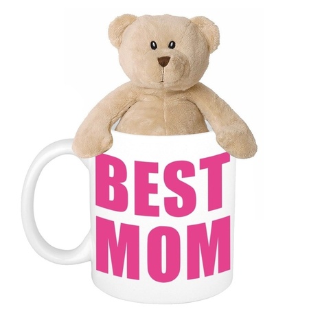 Moederdag cadeautje Best mom mok met knuffel teddybeer
