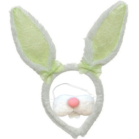 Paashaas/konijn oren diadeem groen/wit met tandjes/snuitje voor kind/volwassenen