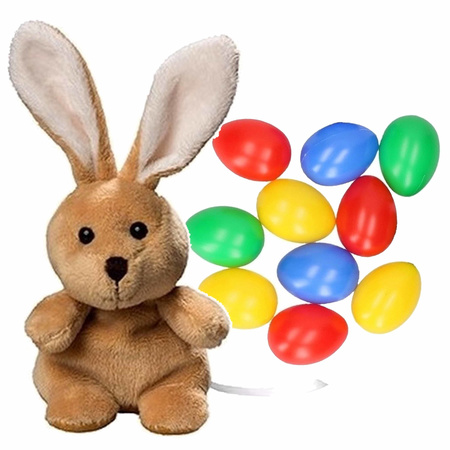 Easter decoration bunny 19 cm and 10x colored easter eggs of 6 cm
