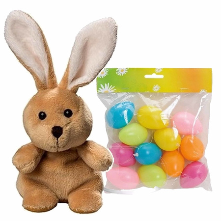 Easter decoration bunny 19 cm and 12x colored easter eggs of 6 cm