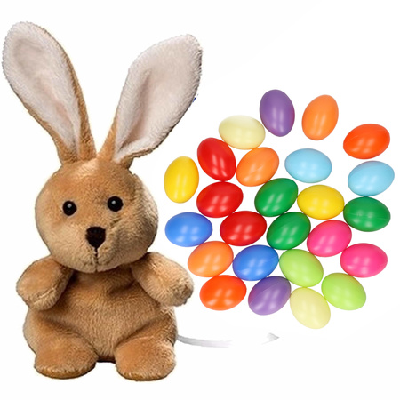 Easter decoration bunny 19 cm and 25x colored easter eggs of 6 cm