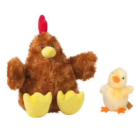 Soft toy chicken/rooster brown 23 cm with yellow chicklet 12 cm