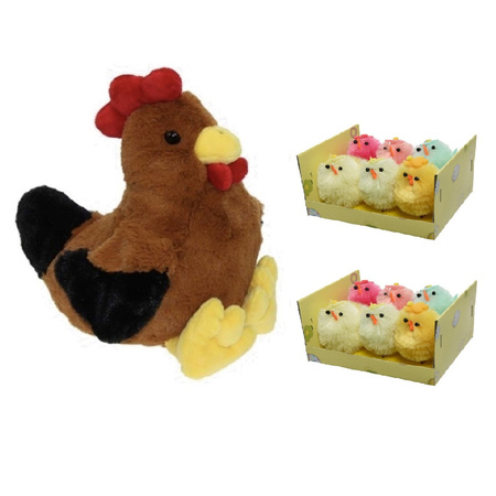 Pluche bruine kippen/hanen knuffel van 25 cm met 12x stuks mini gekleurde kuikentjes 4 cm
