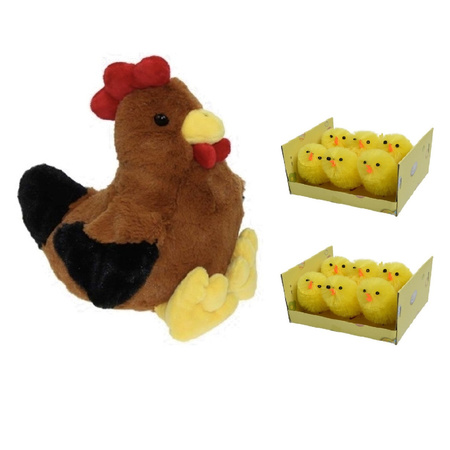 Pluche bruine kippen/hanen knuffel van 25 cm met 12x stuks mini kuikentjes 4 cm