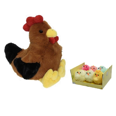 Soft toy chicken/rooster brown 25 cm with 6x mini colored chicklets