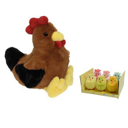Soft toy chicken/rooster brown 25 cm with 6x mini colored chicklets with flower