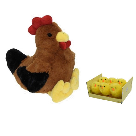 Soft toy chicken/rooster brown 25 cm with 6x mini chicklets