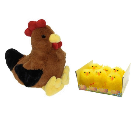 Soft toy chicken/rooster brown 25 cm with 6x mini chicklets 6,5 cm