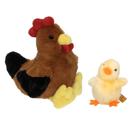 Pluche bruine kippen/hanen knuffel van 25 cm met geel pluche kuiken 12 cm