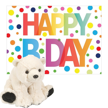 Pluche dieren knuffel ijsbeer 20 cm met Happy Birthday wenskaart