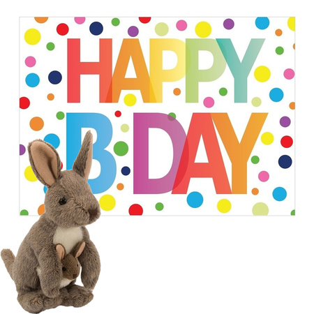 Pluche dieren knuffel kangoeroe 20 cm met Happy Birthday wenskaart