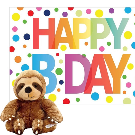 Plush soft toy animal sloth 14 cm and Happy Birthday postcard