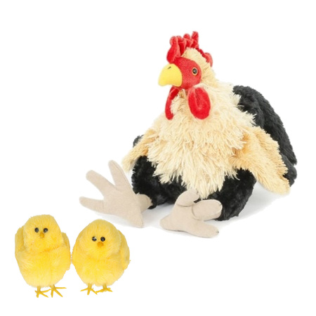 Pluche kip knuffel - 23 cm - multi kleuren - met 2x gele kuikens 7 cm - kippen familie