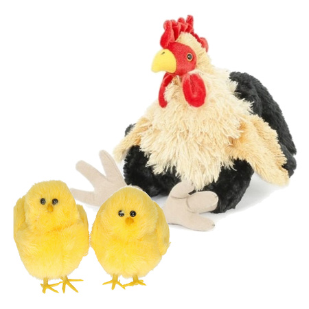 Soft toy animals chicken 23 cm - multi colour - with 2x small yellow chiks 9 cm