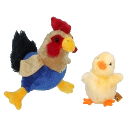 Soft toy chicken/rooster 20 cm with yellow chicklet 12 cm