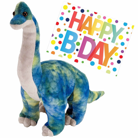 Pluche knuffel Dino Brachiosaurus van 25 cm met A5-size Happy Birthday wenskaart