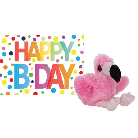 Pluche knuffel flamingo 13 cm met A5-size Happy Birthday wenskaart
