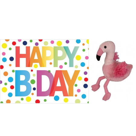 Pluche knuffel flamingo 15 cm met A5-size Happy Birthday wenskaart