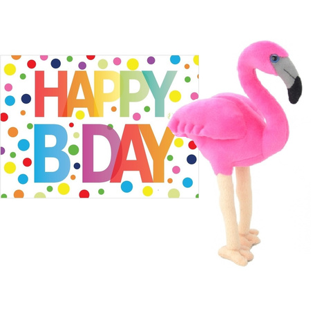 Pluche knuffel flamingo 31 cm met A5-size Happy Birthday wenskaart
