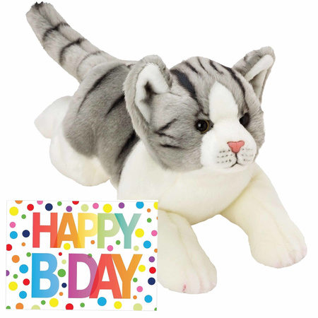 Pluche knuffel grijs/witte kat/poes 33 met A5-size Happy Birthday wenskaart
