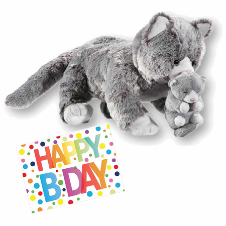 Pluche knuffel kat/poes grijs 32 cm met A5-size Happy Birthday wenskaart