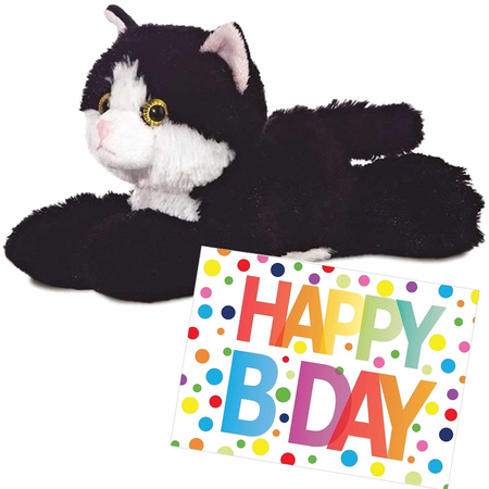 Plush soft toy cat black/white 20 cm with an A5-size Happy Birthday postcard