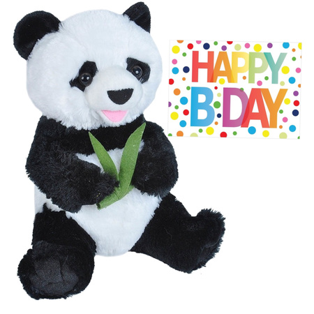 Plush soft toy panda bear black/white 25 cm with an A5-size Happy Birthday postcard