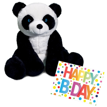 Plush soft toy panda bear black/white 30 cm with an A5-size Happy Birthday postcard