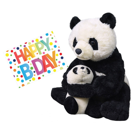 Pluche knuffel panda beer met baby 38 cm met A5-size Happy Birthday wenskaart