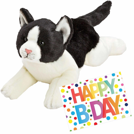 Pluche knuffel zwart/witte kat/poes 33 met A5-size Happy Birthday wenskaart