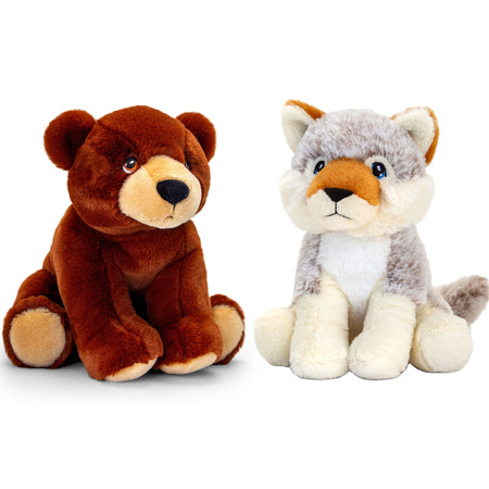 Soft toy combi-set animals grey wolf and brown bear 25 cm