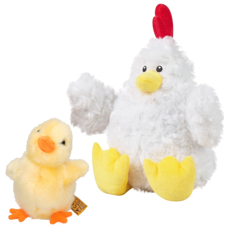 Soft toy chicken/rooster white 23 cm with yellow chicklet 12 cm