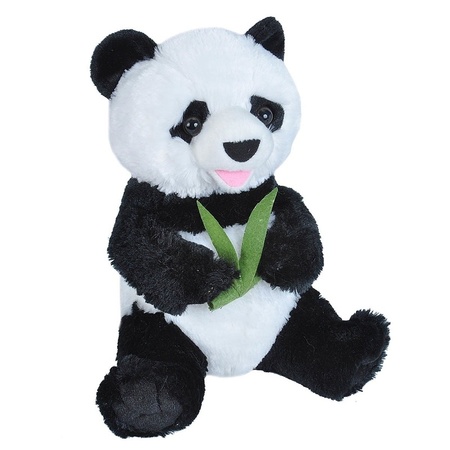 Plush black/white panda sitting with bamboo cuddle toy 25 cm