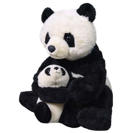 Plush soft toy panda bear with baby black/white 38 cm with an A5-size Happy Birthday postcard