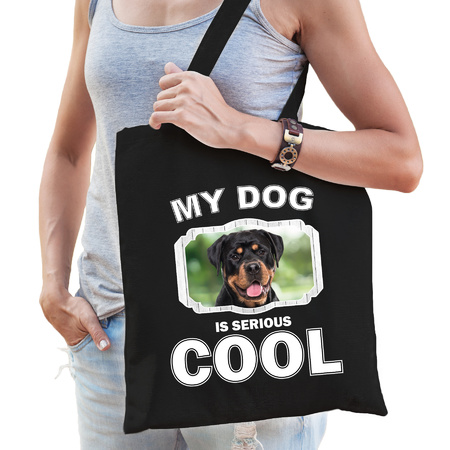 Katoenen tasje my dog is serious cool zwart - Rottweiler honden cadeau tas