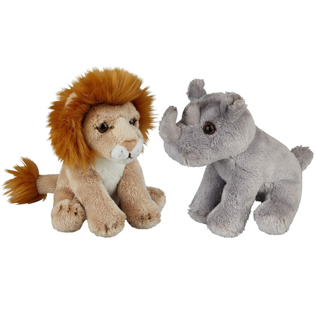 Safari dieren serie pluche knuffels 2x stuks - Neushoorn en Leeuw van 15 cm