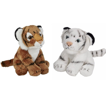 Safari dieren serie pluche knuffels 2x stuks - Witte en Bruine Tijgers van 15 cm