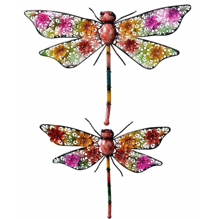 Set van 2 gekleurde metalen tuindecoratie libelle hangdecoratie 33 en 47 cm