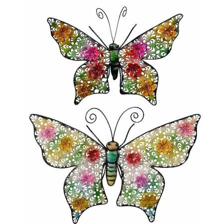 Set van 2 gekleurde metalen tuindecoratie vlinders hangdecoratie