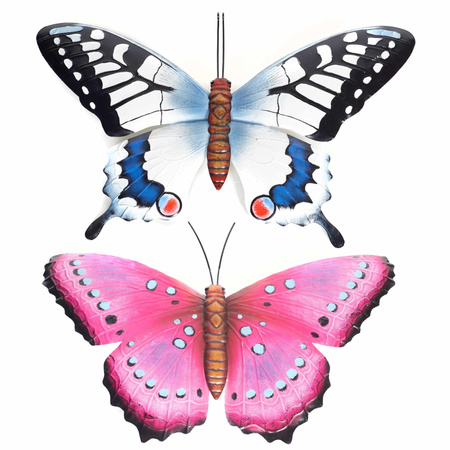 Set van 2x stuks tuindecoratie muur/wand vlinders van metaal in blauw en roze tinten 48 x 30 cm