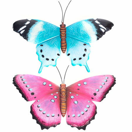 Set van 2x stuks tuindecoratie muur/wand vlinders van metaal in blauw en roze tinten 48 x 30 cm