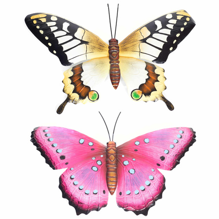 Set van 2x stuks tuindecoratie muur/wand vlinders van metaal in roze en geel tinten 48 x 30 cm